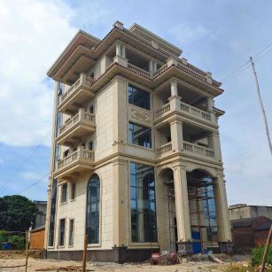 张家口 黄金麻花岗岩石材别墅外墙干挂搭配（雕花栏杆花瓶柱门楼罗马柱）