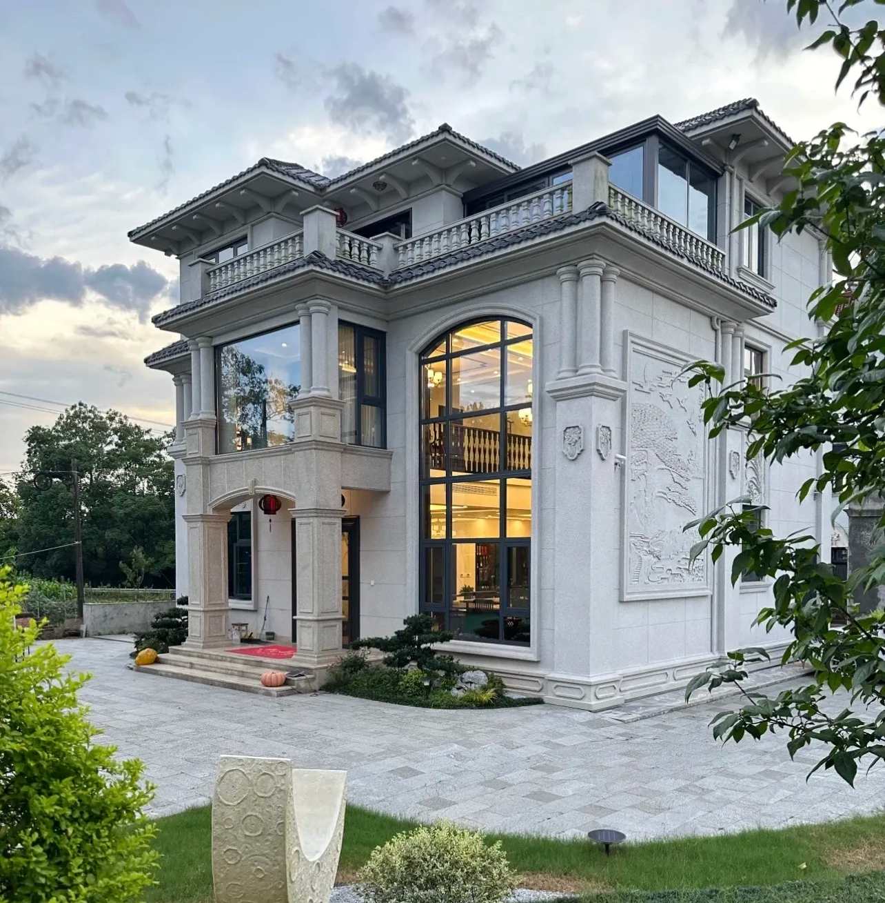 张家口 白麻花岗岩私人别墅干挂石材豪华定制